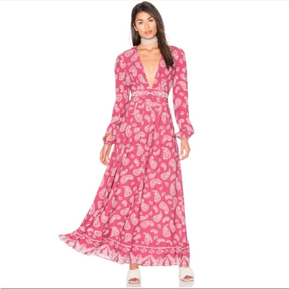 Majorelle Red Paisley Long Sleeve Gypset Boho Maxi Dress Size XS Deep V Neck